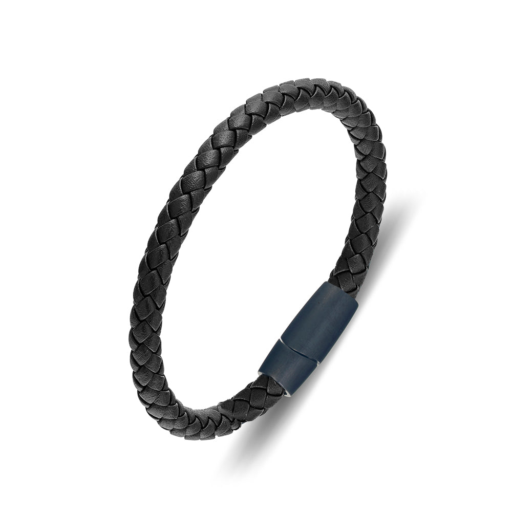 Black Leather Bangle With Brush Matte Finish Magnetic Clasp