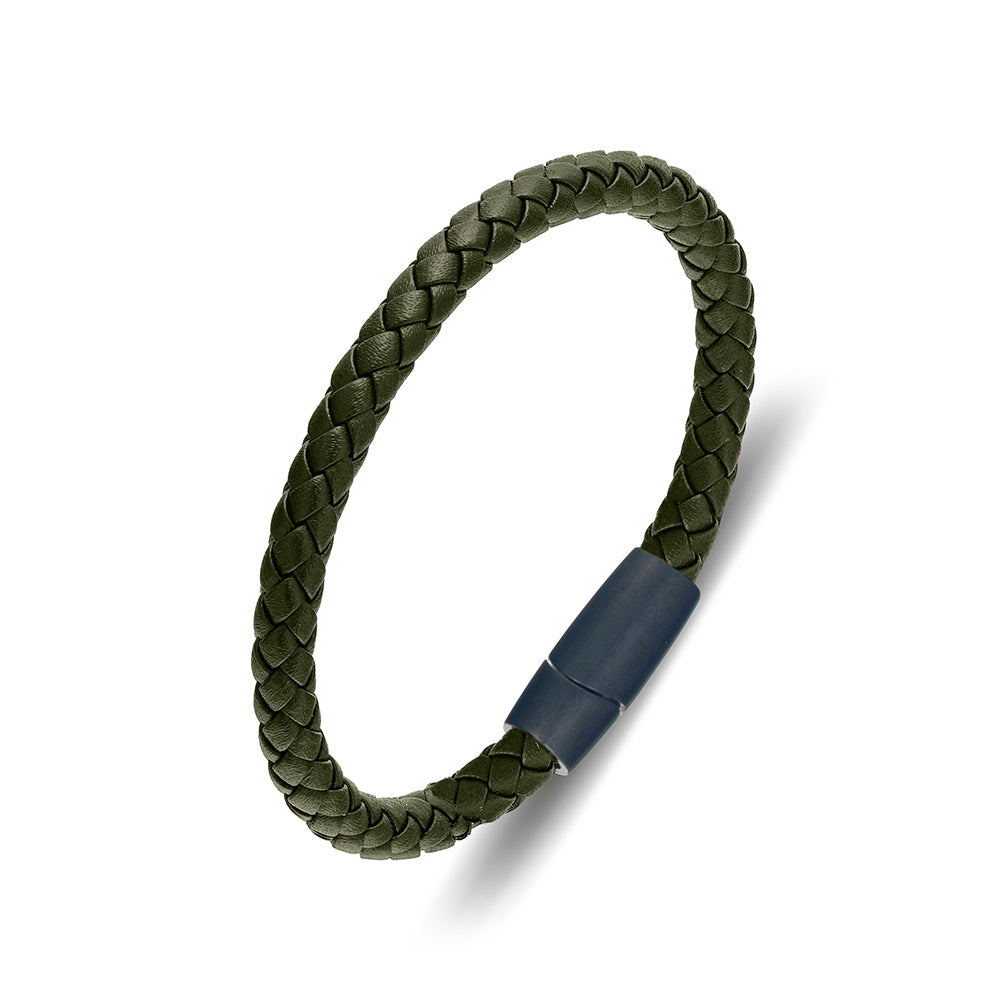 Green Leather Bangle With Brush Matte Finish Magnetic Clasp