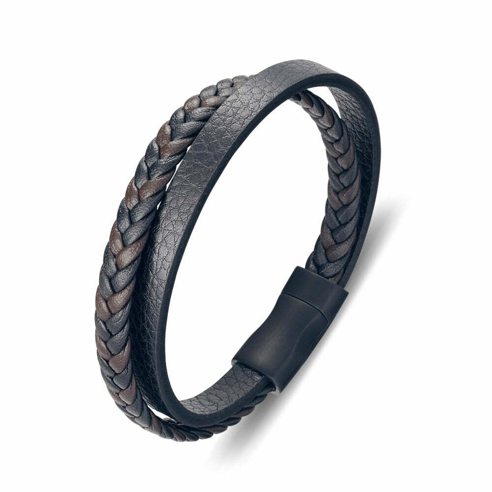 Double Strand Brown And Black Leather Bangle