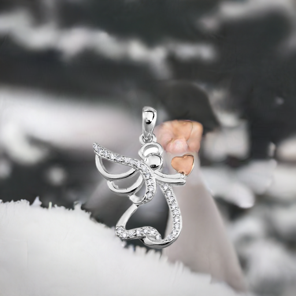 Angel with Rose Heart Pendant and CZ Stones