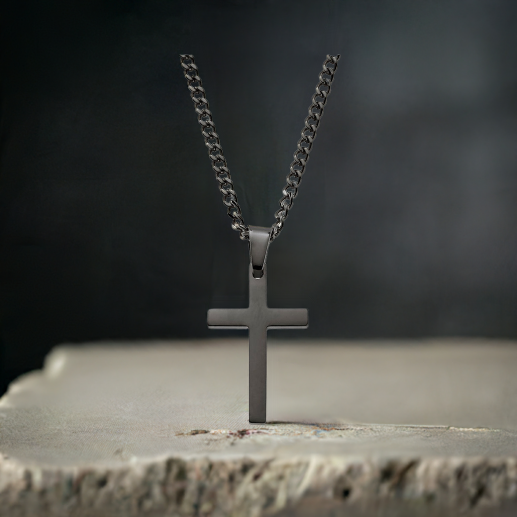 Black Cross Pendant Necklace with 3mm Curb Chain