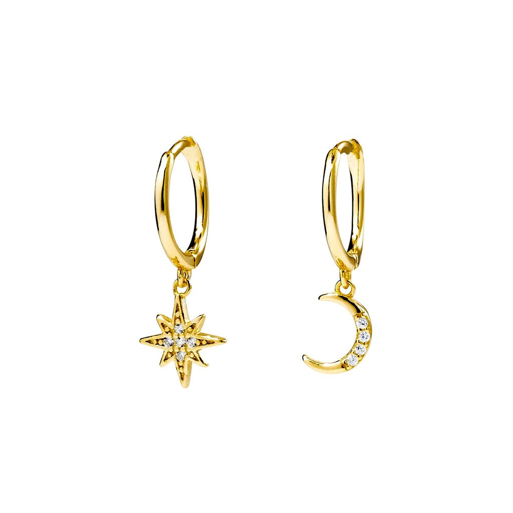 Huggies Earrings with Star And Moon Charms - Gold or Silver