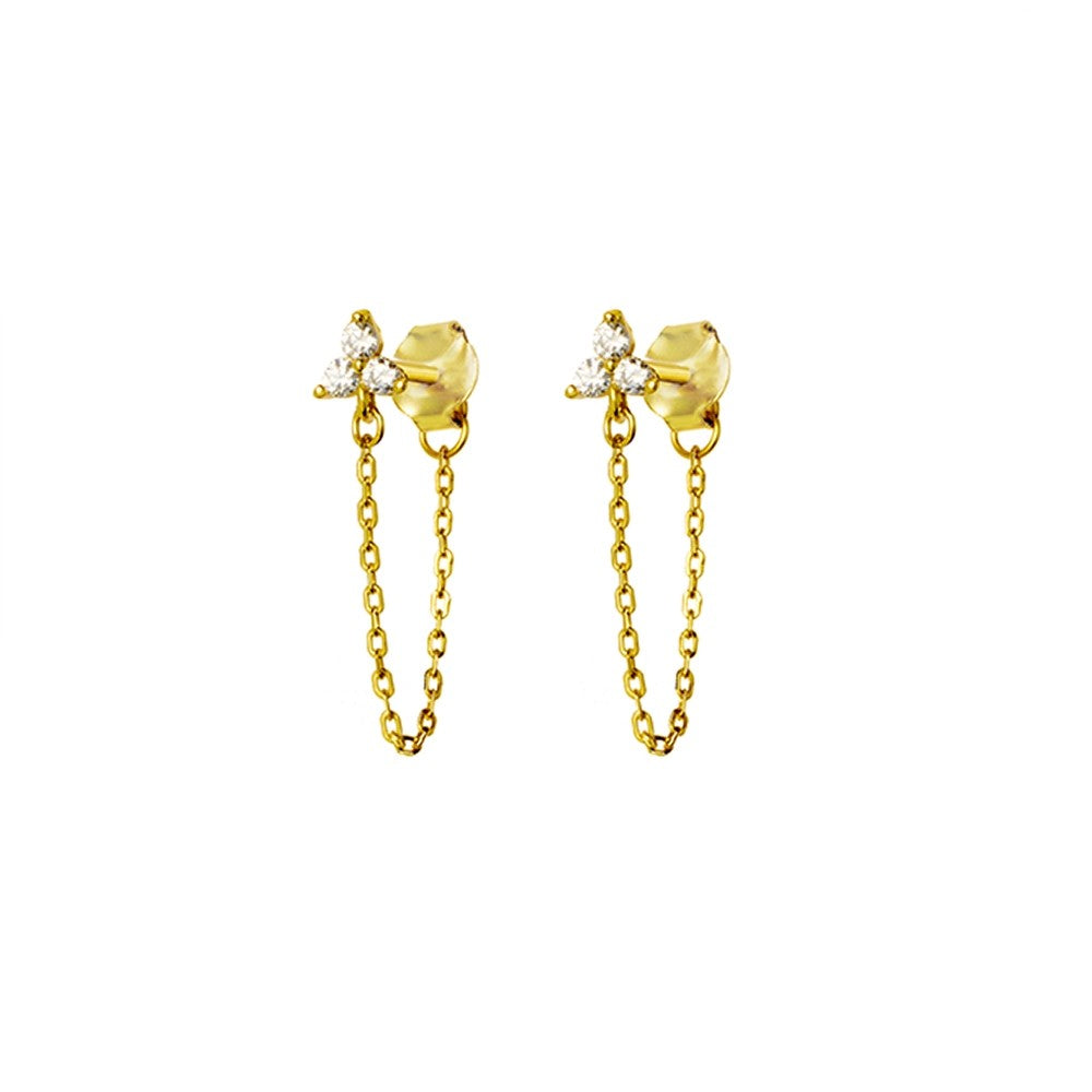 Gold Petite CZ Stones Stud Earring with Chain Attachment