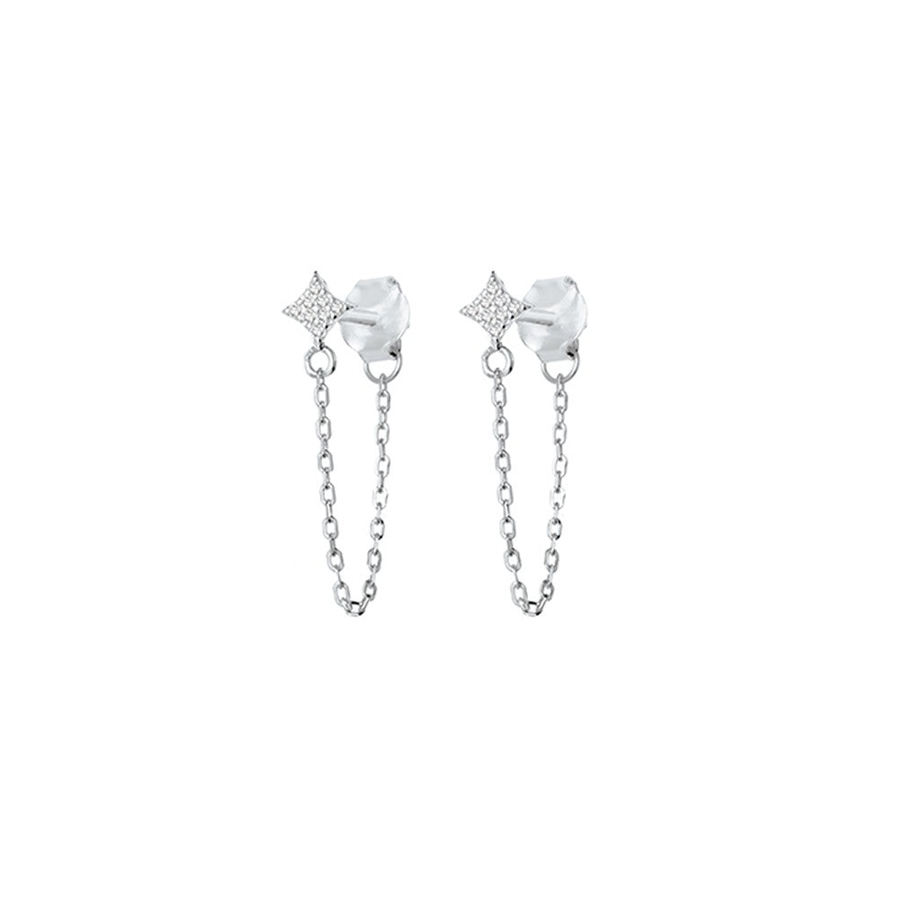 Diamond Shape Stud Earring with CZ Stones and Chain Attachment