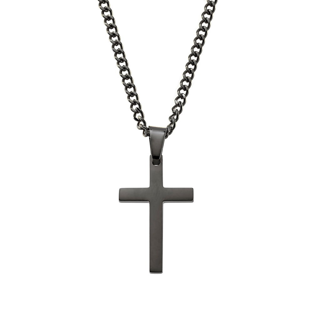Black Cross Pendant Necklace with 3mm Curb Chain