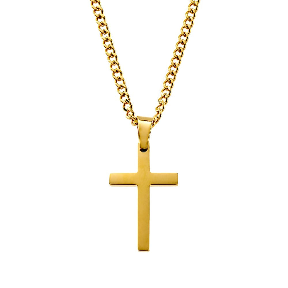 Gold Cross Pendant Necklace with 3mm Curb Chain