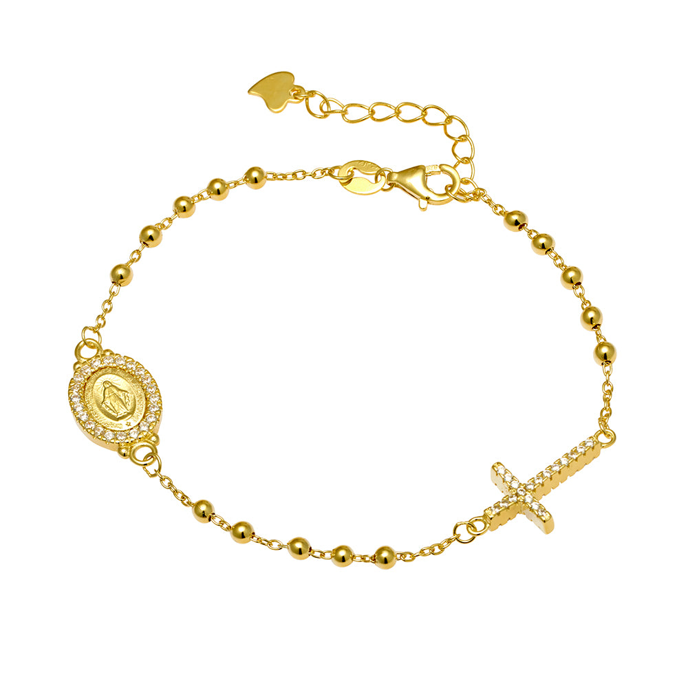 Medallion & Cross Bracelet with Clear CZ - Gold or Silver