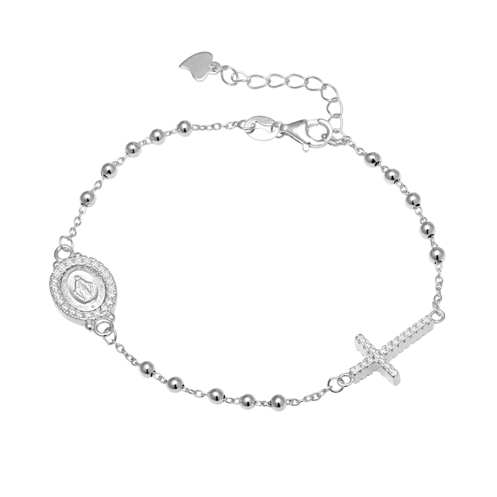 Medallion & Cross Bracelet with Clear CZ - Gold or Silver