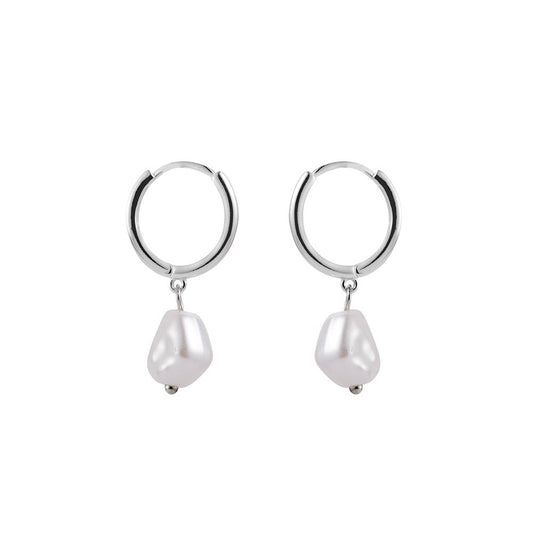 Silver Huggie Earrings with Pearl