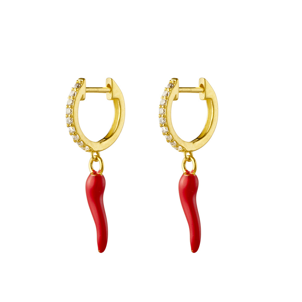 Red Cornicello Horn Charm with CZ Huggie Earrings- Gold or Silver