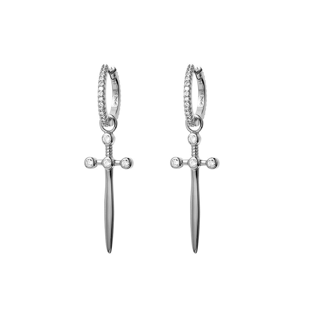 Silver Hinged Hoop Earrings with CZ Cross Charm