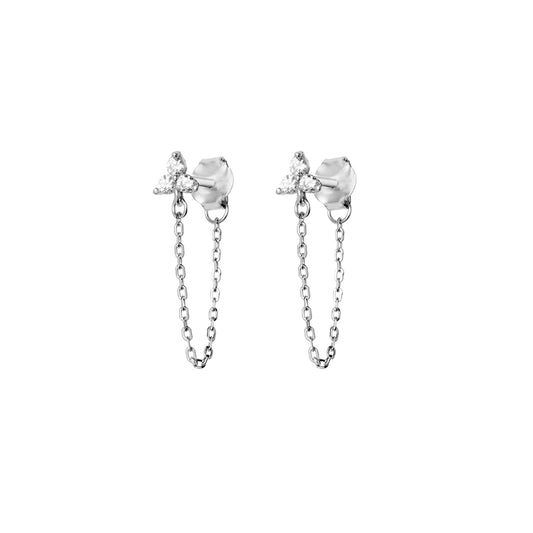 Solid Petite CZ Stones Stud Earring with Chain Attachment