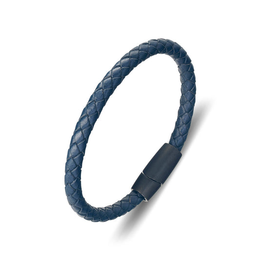Blue Leather Bangle With Brush Matte Finish Magnetic Clasp