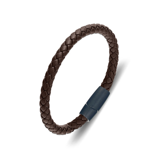 Brown Leather Bangle With Brush Matte Finish Magnetic Clasp