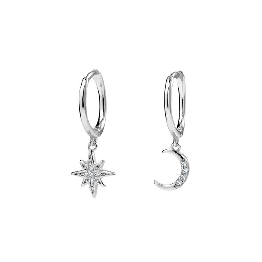 Huggies Earrings with Star And Moon Charms - Gold or Silver