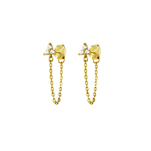 Gold Petite CZ Stones Stud Earring with Chain Attachment
