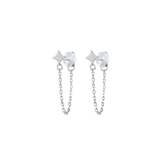 Diamond Shape Stud Earring with CZ Stones and Chain Attachment