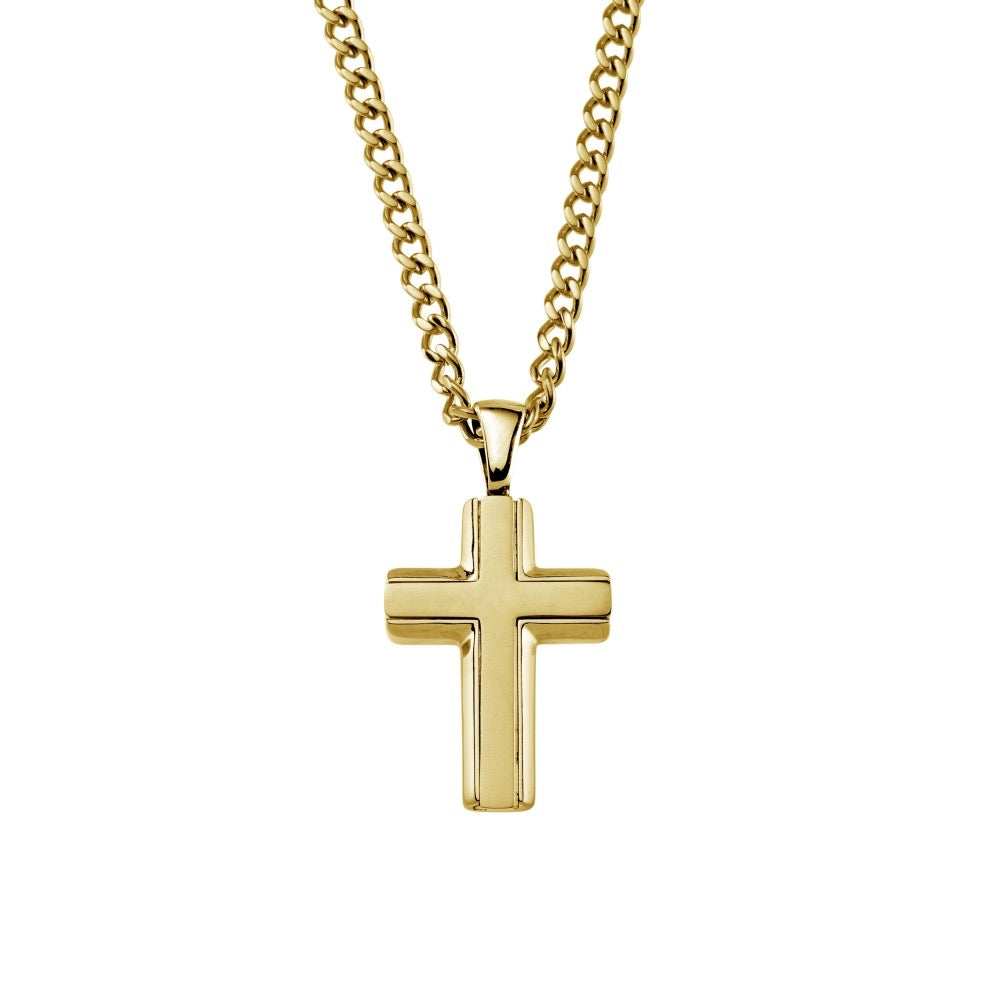 Gold Shiny and Matte Finish Cross Pendant with 3mm Curb Chain