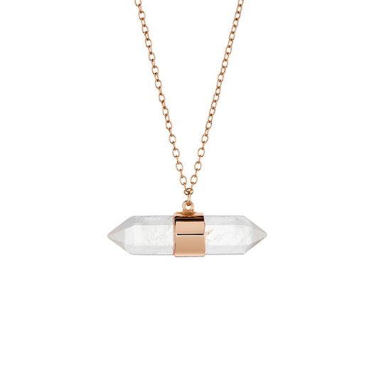 Double Pointed Prism Clear Quartz Necklace - Rose Gold