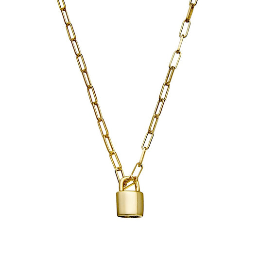 Gold Oblong Chain Link Necklace with Solid Padlock Charm