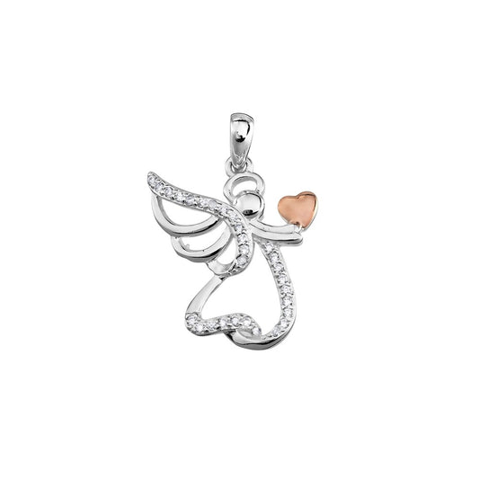 Angel with Rose Heart Pendant and CZ Stones