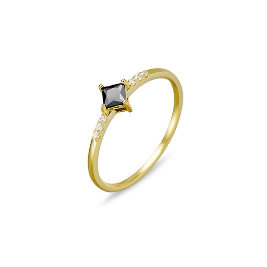 Fine Ring with Square Black CZ and Detailed CZ Stones