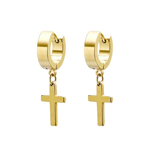 Gold Huggies with Square Drop Cross