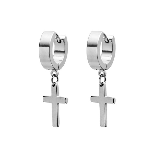 Silver Huggies with Square Drop Cross