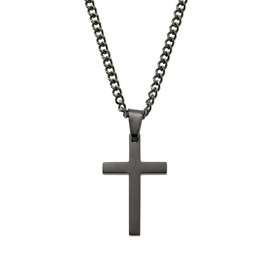 Black Cross Pendant Necklace with 3mm Curb Chain