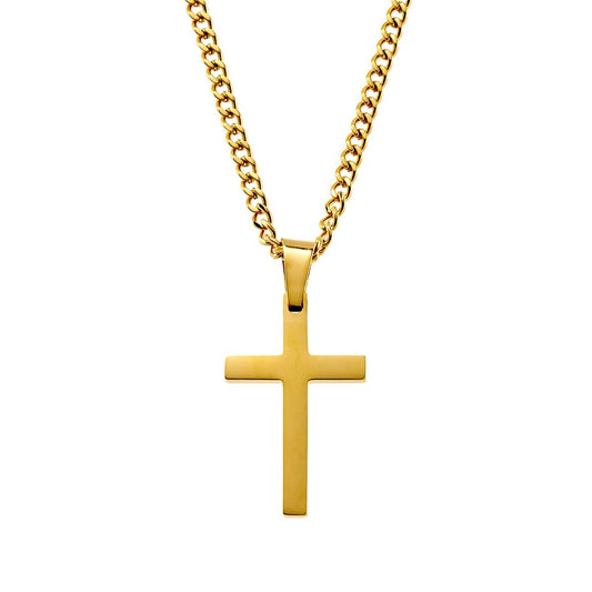 Gold Cross Pendant Necklace with 3mm Curb Chain