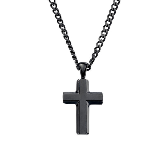 Black Shiny and Matte Finish Cross Pendant with 3mm Curb Chain