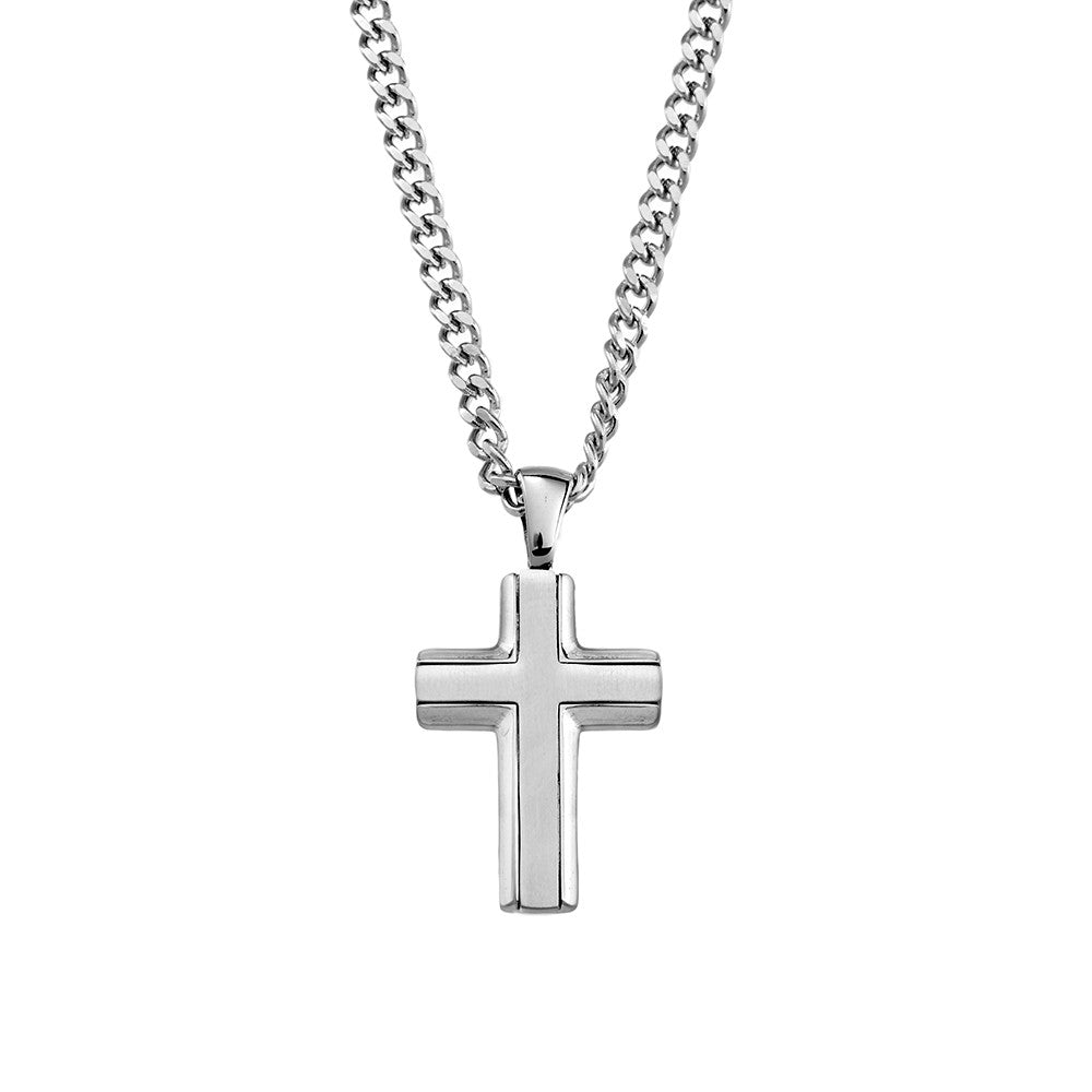 Silver Shiny and Matte Finish Cross Pendant with 3mm Curb Chain