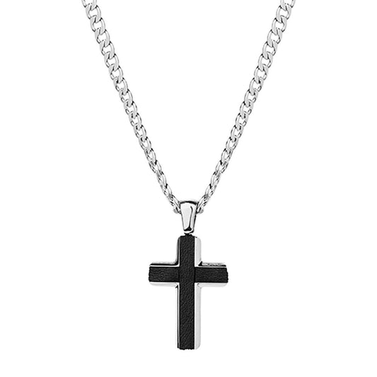 Silver & Black Cross Pendant with Curb Chain 55CM