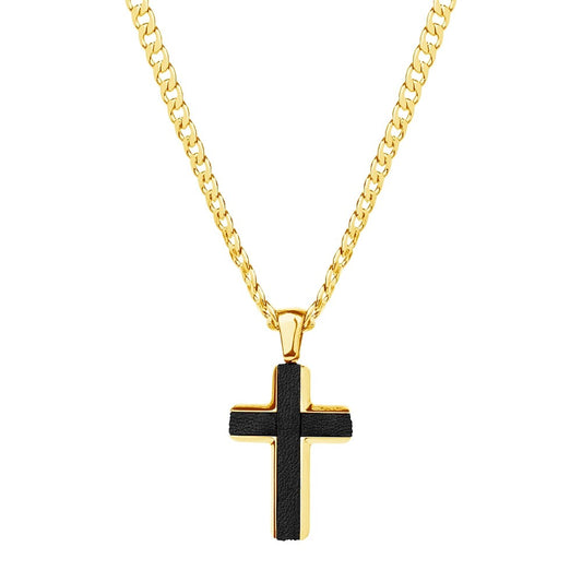 Gold & Black Cross Pendant with Curb Chain 55CM