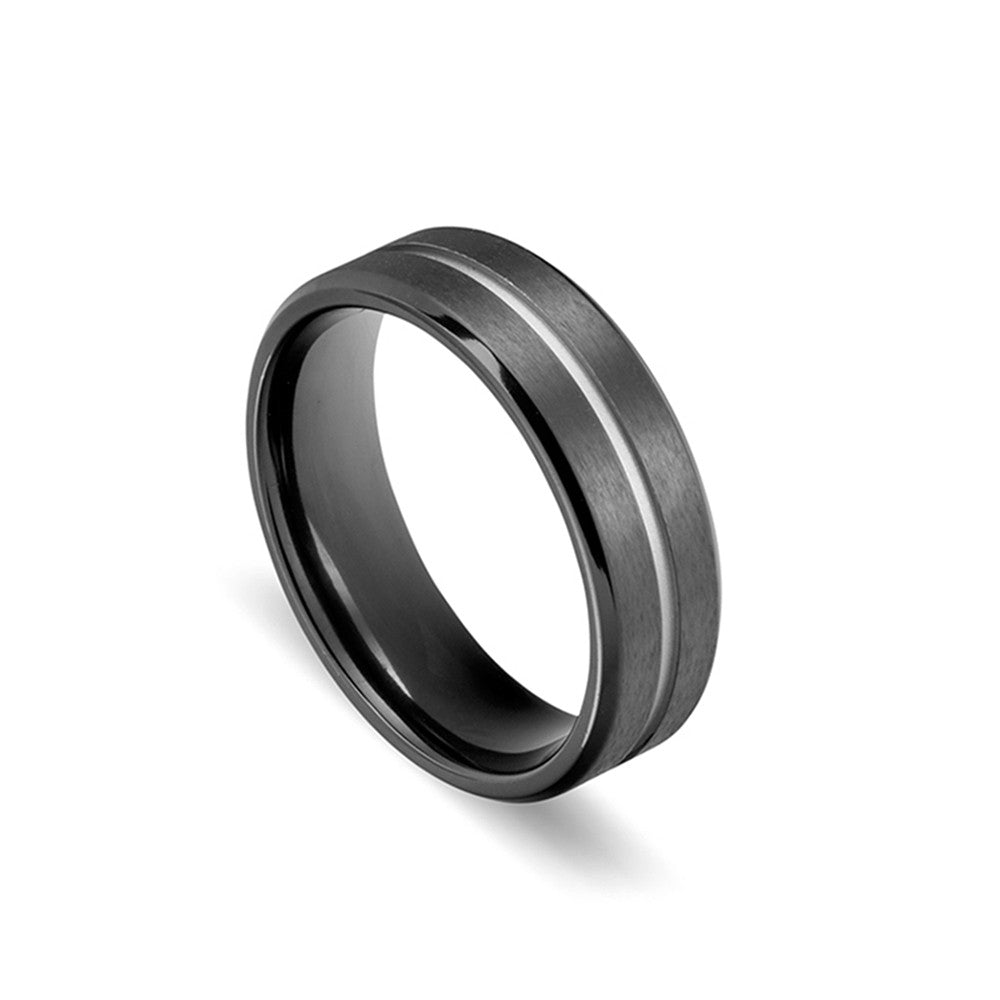 Zirconium Matte Black Ring with Polished Silver Detail