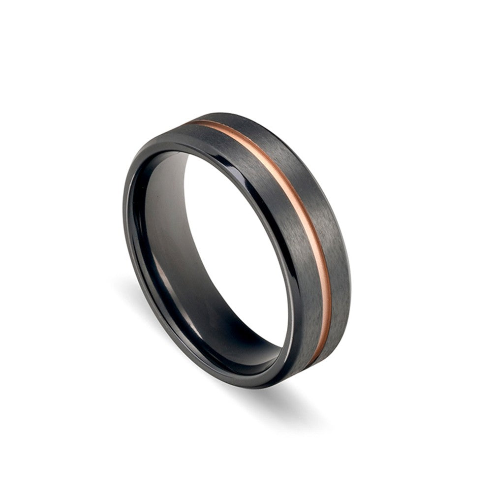 Zirconium Matte Black Ring with Polished Rose Gold Detail